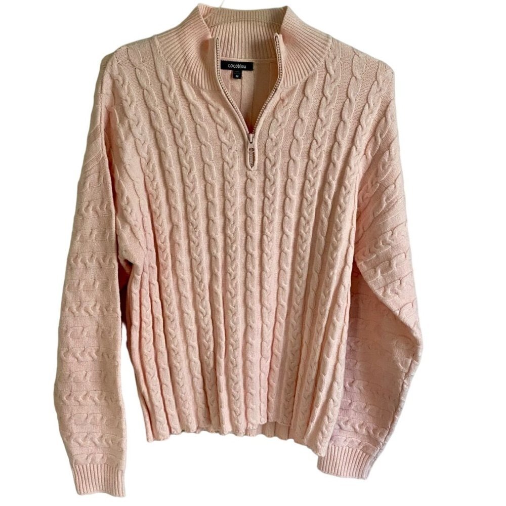 Cocobleu Pink Cable Knit Pullover Sweater with Quarter Zip Women's Medium